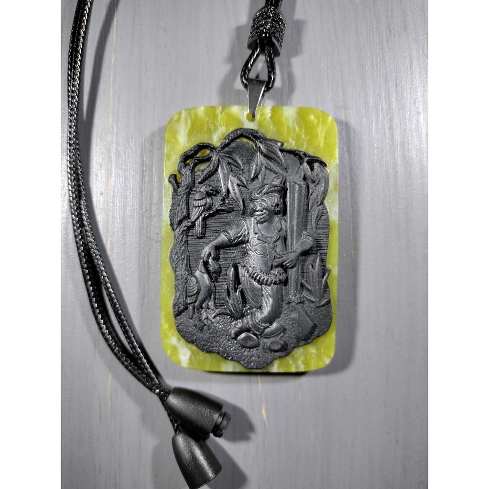 Bird Hunter Carved Black Jasper Lemon Jade Pendant Necklace 18in Waxed Cord